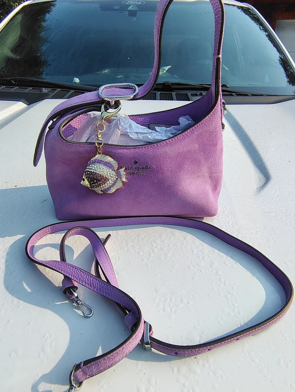 kate spade lavender suede shoulder bag with crystal fish charm